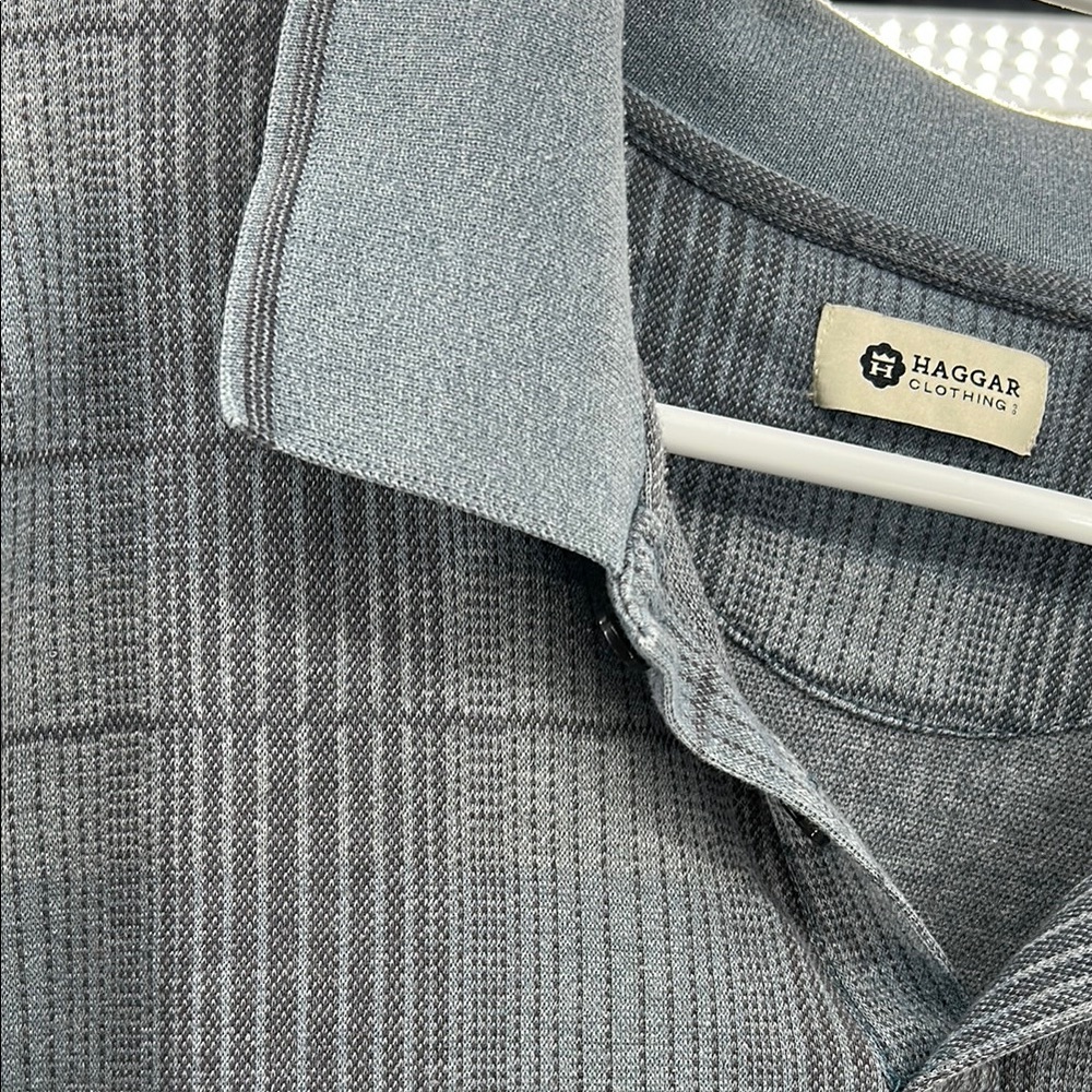 Haggar Blue and Gray long sleeve thick Polo Shirt XXL work office plaid - Picture 5 of 10